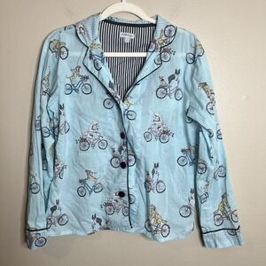 Pj Salvage Pajama Top 100 Cotton Dog Bicycle novelty print M blue preppy  Blue